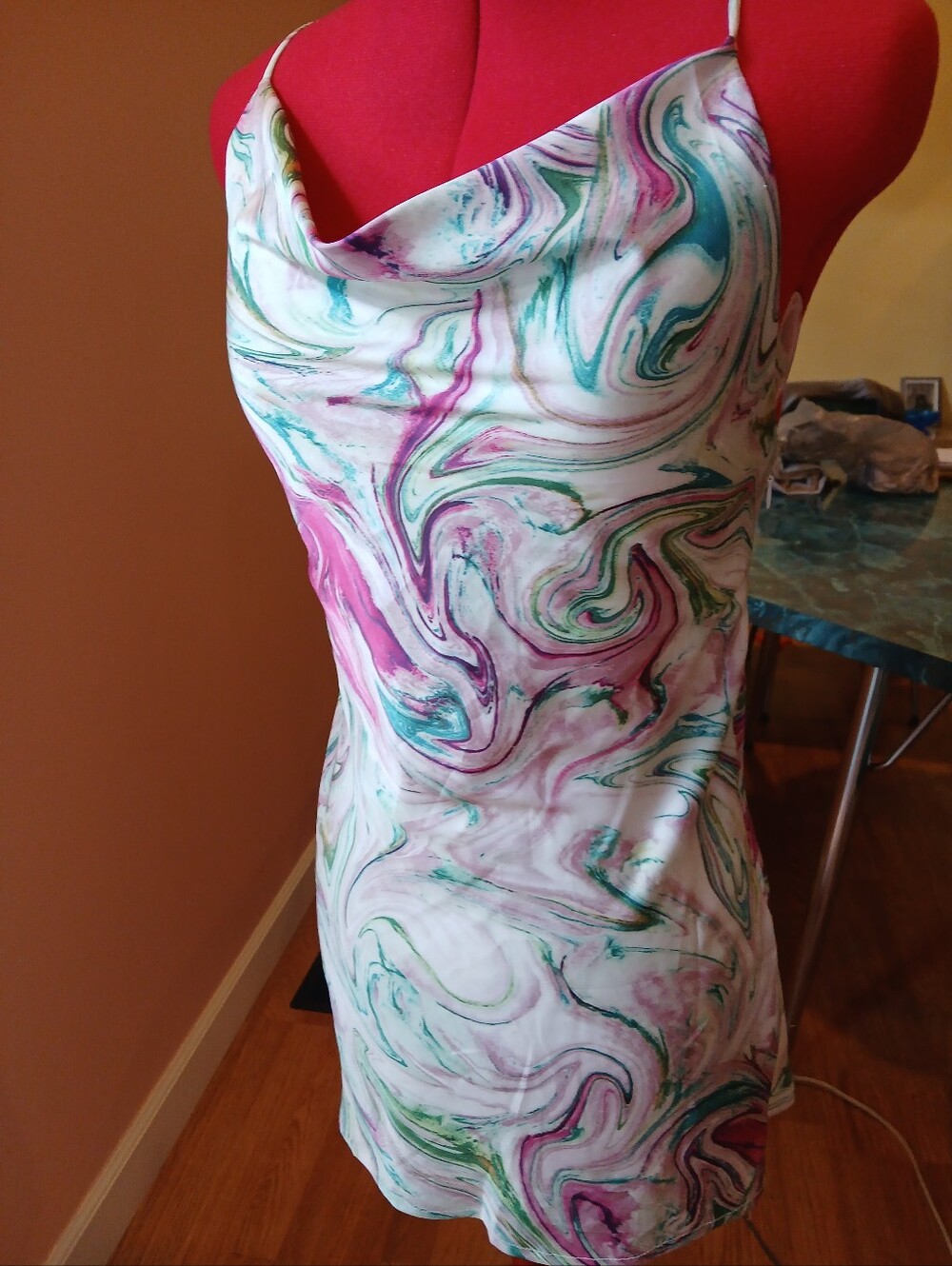 Princess Polly Silky Marble-Print Drape Neck Slip Dress in Pink and Teal